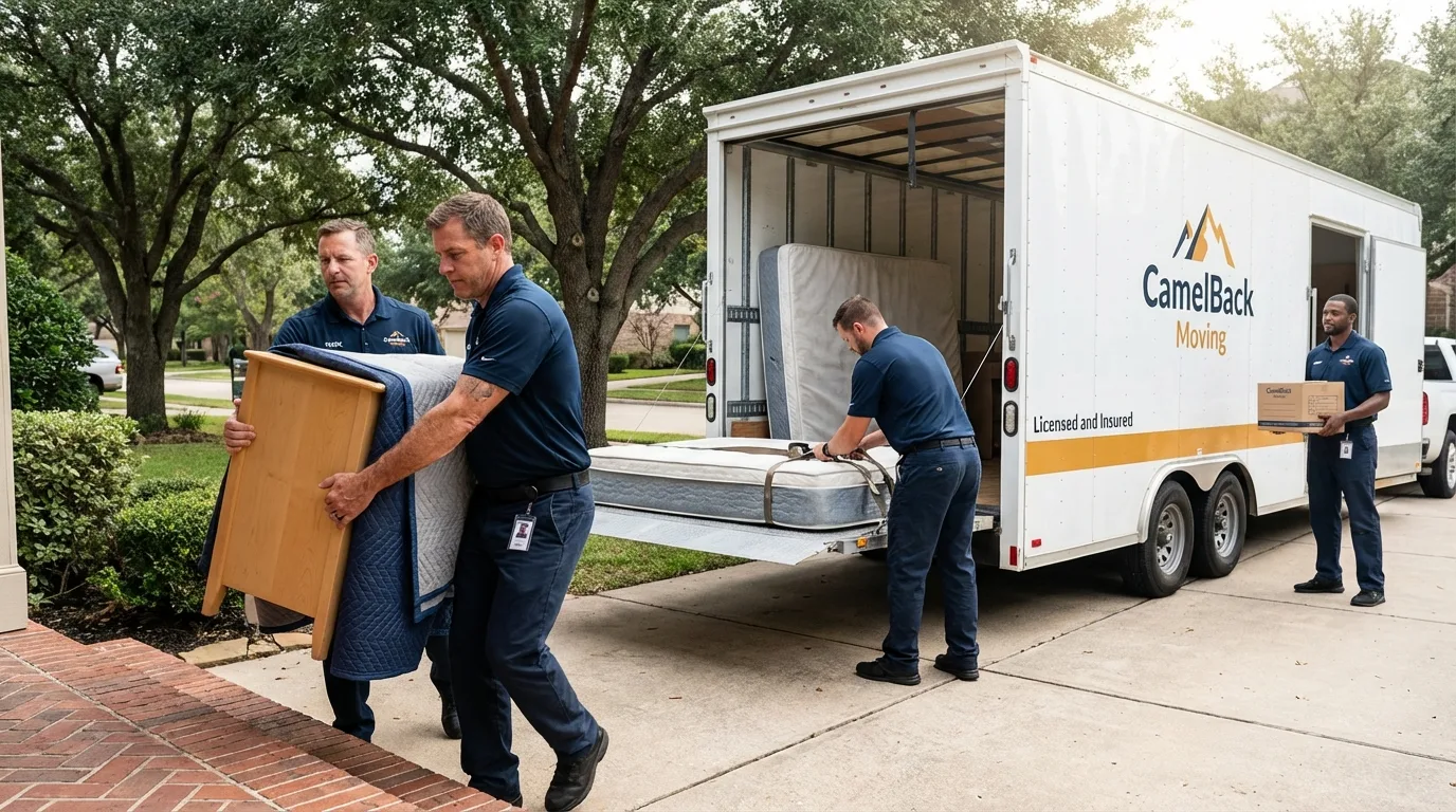 Crew loading residential truck for cross-state move from Lubbock, TX