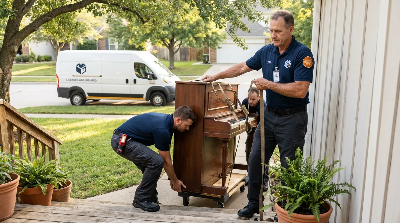 Licensed piano movers securing grand piano in Lubbock, TX